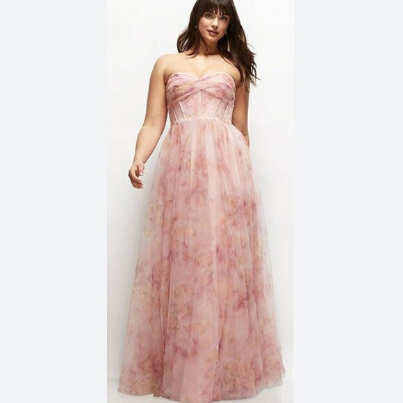 Floral Strapless Twist Cup Corset Tulle Dress Long Full Skirt Rose Garden 12 - Picture 1 of 6